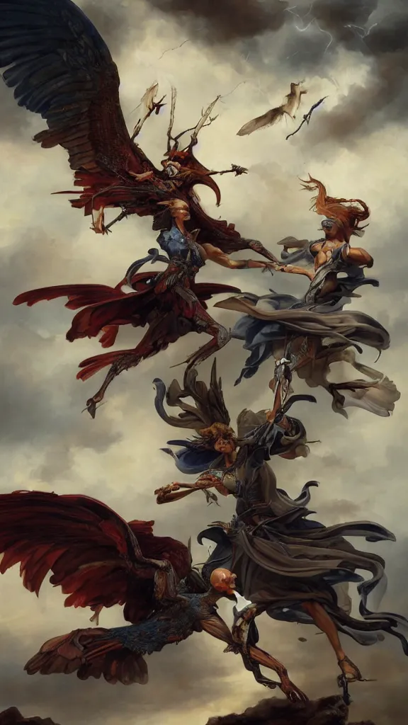 Prompt: an anatomical oil painting of a Harpy battling a knight from a medical journal by Peter Mohrbacher and Julie Bell, highly detailed, high detail, 8k, storm clouds, birds, dramatic lighting