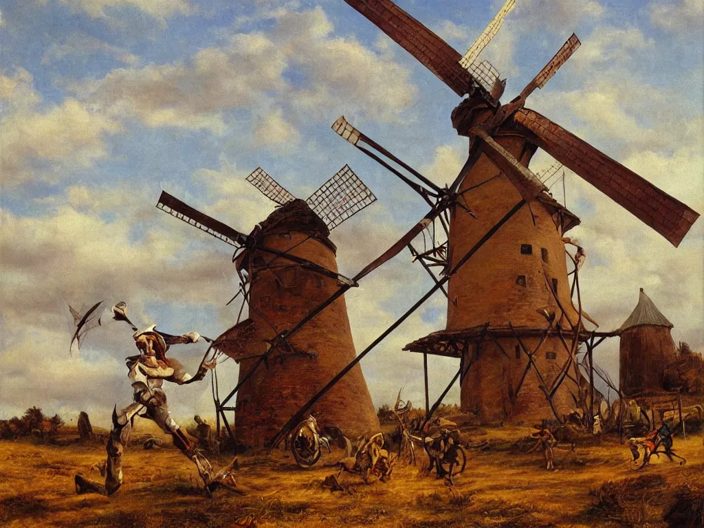 Image similar to oil painting of don quijote attacking a windmill, hyperrealism, highly detailed, pre - raphaelite style