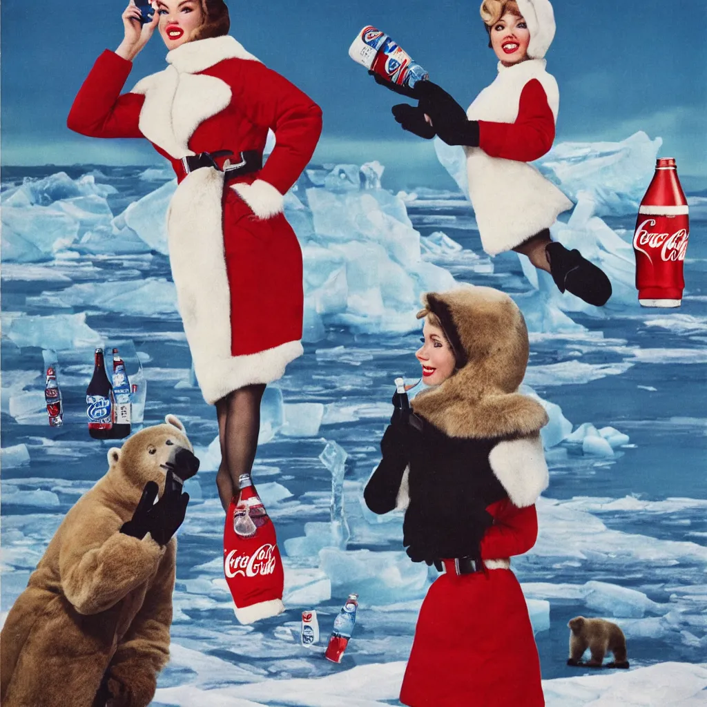 Image similar to woman wearing a parka drinking a bottle of coke in front of an icy polar landscape, polar bear in the far background, coka-cola advertisement, pinup style, retro ad, print advertising, 1960's