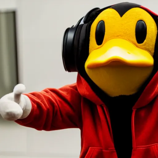 Prompt: an anthropomorphic duck wearing a hoodie and headphones giving a thumbs up