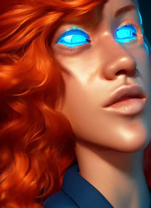 Image similar to glowwave portrait of curly orange hair girl as a agent, au naturel, hyper detailed, digital art, trending in artstation, cinematic lighting, studio quality, smooth render, unreal engine 5 rendered, octane rendered, art style by pixar warner bros dreamworks disney riot games and overwatch