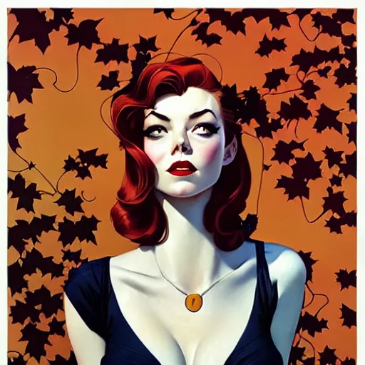 Prompt: joshua middleton, phil noto, norman rockwell, artgerm, 1 9 5 0 s rockabilly emma stone poison ivy dc comics, pompadour, vines, symmetrical eyes, city rooftop