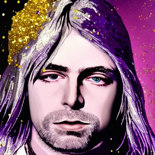 Image similar to Kurt Cobain with silver-violet hair, white eyes and golden glittery dress, wide lens, diorama, 4k,