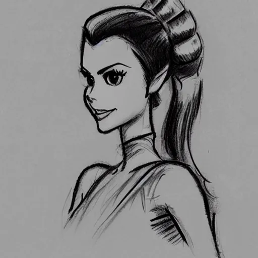 Prompt: milt kahl sketch of victoria justice with done up hair, tendrils covering face and ponytail as princess padme from star wars episode 3