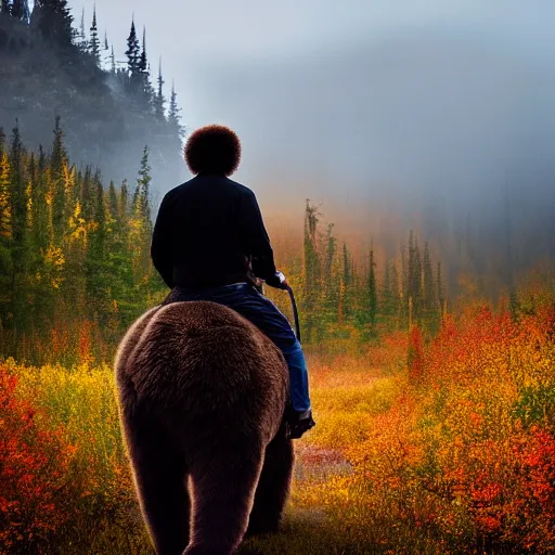 Image similar to back of bob ross riding on the back of brown bear in alaska at fall season, outdoor lighting, realistic, photo, national geographic photo, volumetric, fog