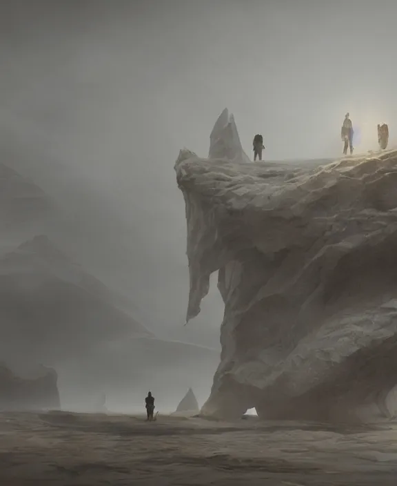 Image similar to surreal romantic prometheus horizontal white exploration base, ochre ancient palette, building architecture by ruan jia, futuristic, blame, white architecture in the beach in iceland, foggy, highly detailed, digital painting, arstation, concept art, hyperealistic octane render, unreal engine