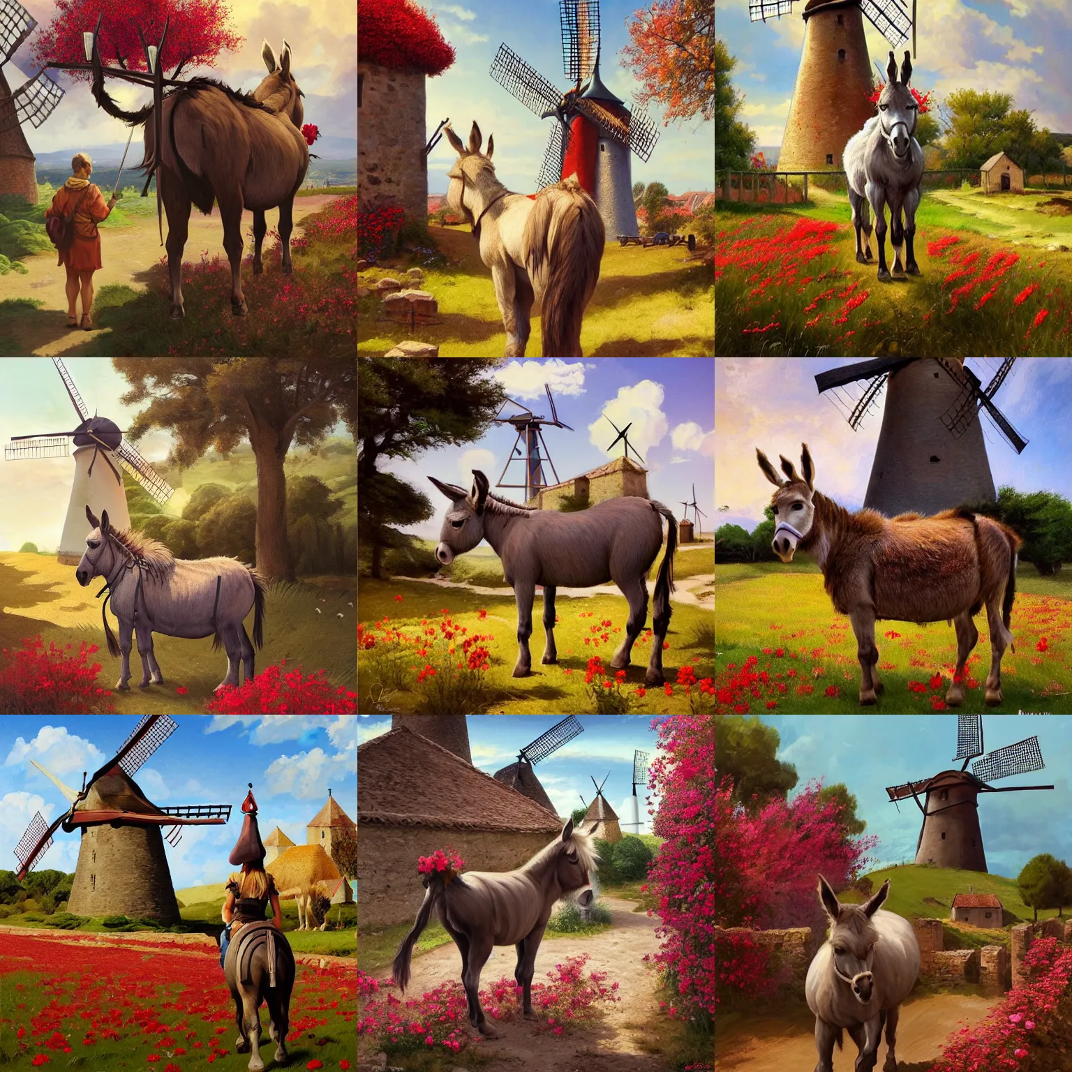 Prompt: Village observes beautiful donkey standing near a windmill, spots of red flowers nearby, medieval french landscape, Carcassonne, by Stanley Artgerm Lau, WLOP, Rossdraws, frank frazetta, Andrei Riabovitchev, Marc Simonetti, tranding on artstation