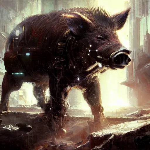 Image similar to a wild boar, painting by Raymond Swanland, cyberpunk, sci-fi cybernetic implants hq, Cadaques