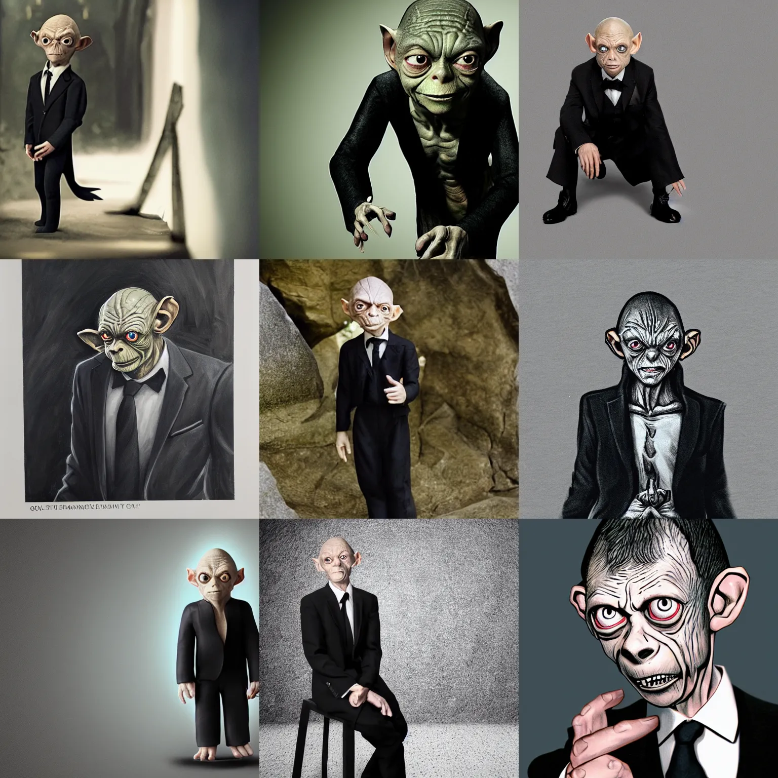 Prompt: Gollum in Black suit