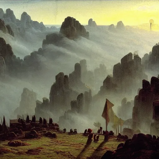 Image similar to village above the clouds, sharp pointy mountains, wooden platforms, tents, colors, misty clouds, sun at dawn, brutalism, painting by caspar david friedrich