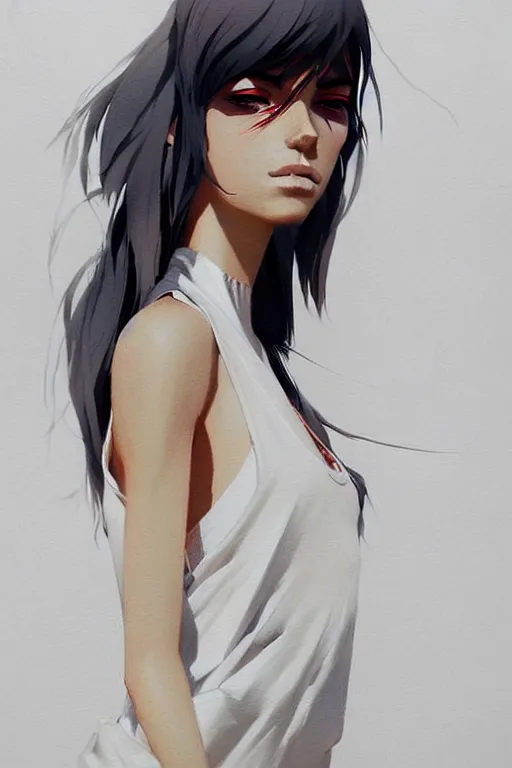 Image similar to a ultradetailed beautiful painting of a stylish woman with a white tank top, by conrad roset, greg rutkowski and makoto shinkai trending on artstation