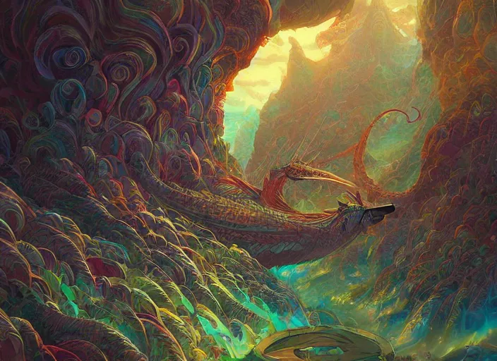 Image similar to psychedelic concept art of a dragon landscape made of thousands of spiraling dragons, cel shaded, in the style of makoto shinkai and moebius and peter mohrbacher and anton fadeev