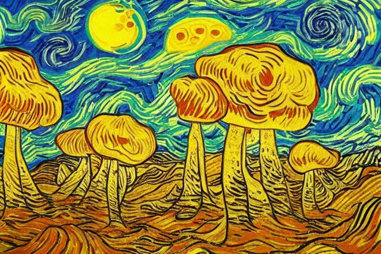 Prompt: baroque psychedelic mushroom under the moon Van Gogh style