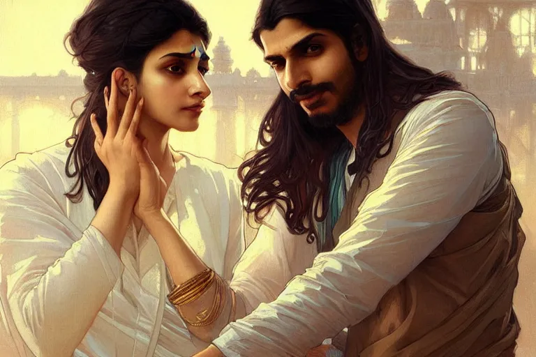 Image similar to Anxious good looking pale young Indian doctors arguing, portrait, elegant, intricate, digital painting, artstation, concept art, smooth, sharp focus, illustration, art by artgerm and greg rutkowski and alphonse mucha