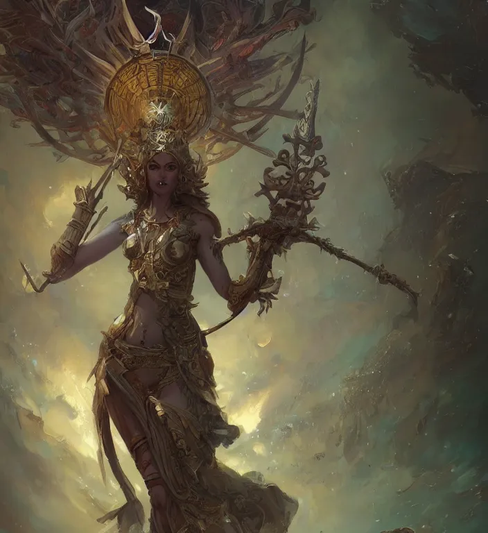 Image similar to full body illustration of a goddess, tarot card, dark souls colour scheme, establishing shot, coherent, high detailed, kerem beyit, Karol Bak, peter mohrbacher featured on artstation