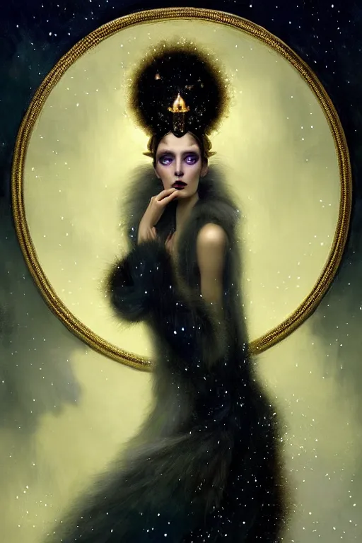 Image similar to Nocturne, glowing, stars, a portrait of a beautiful female shadow djinn creature with long fur collar, highly detailed, mysterious, ethereal, dressed in velvet and gold jewelry, haute couture, illustration, dramatic lighting, soft details, painting, by Edmund Blair Leighton, Brom, Charlie Bowater, trending on artstation, faces by Tom Bagshaw, otto schmidt