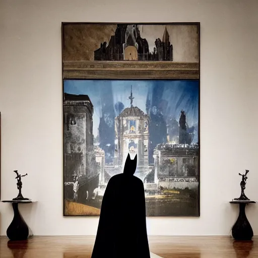 Image similar to Batman standing in giant Italian modern castle living room, clean minimalist design, that is 1300 feet tall, with very tall giant walls filled with modern art paintings, doors that are cosmic portals, photo by Annie Leibovitz