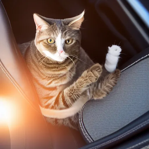 Prompt: top view of cabriolet, cat sitting in driver seat with paws resting on top of steering wheel, golden hour, top view