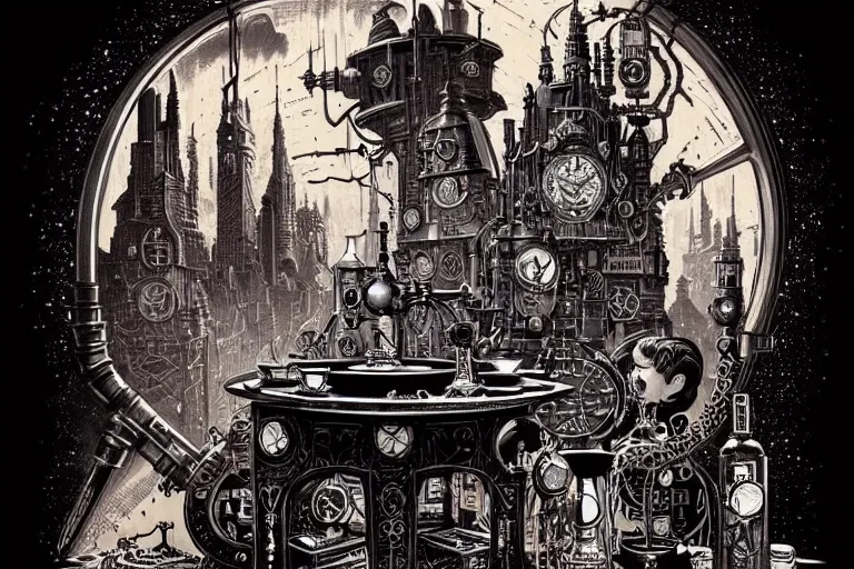Image similar to a majestic steampunk alchemist wizard table, high details, bold line art, by vincent di fate and joe fenton, inking, etching, screen print, masterpiece, trending on artstation, sharp, high contrast, hyper - detailed,, hd, 4 k, 8 k