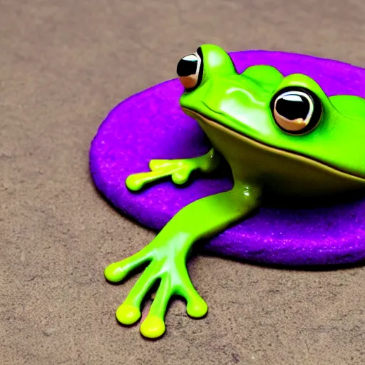 Prompt: A frog wearing purple hat next to a fire