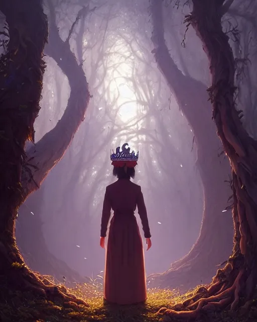 Image similar to highly detailed surreal vfx portrait of a cursed crown in a shadowy forest by a willow tree, stephen bliss, unreal engine, greg rutkowski, loish, rhads, beeple, makoto shinkai and lois van baarle, ilya kuvshinov, rossdraws, tom bagshaw, alphonse mucha, global illumination, detailed and intricate environment