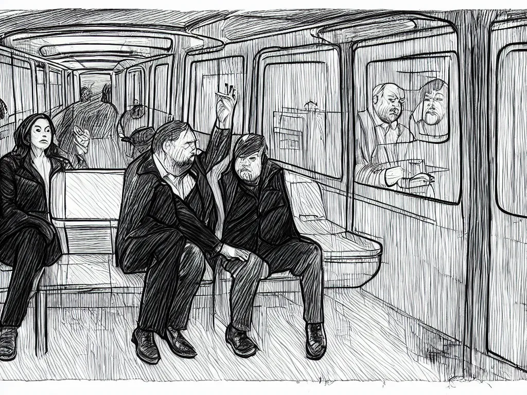 Image similar to a drawing by Jaime Hernandez, a low angle medium shot of two people sitting in an empty Chicago subway train, in front of windows: a sad Aubrey Plaza wearing a winter coat and a man who looks like a mix of (Louis CK and Philip Seymour Hoffman) in a suit