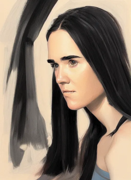 Image similar to detailed artwork by phil noto ; young jennifer connelly ; brush texture ; asymmetric composition ; trending on artstation ; gallery painting by phil noto, by phil noto.