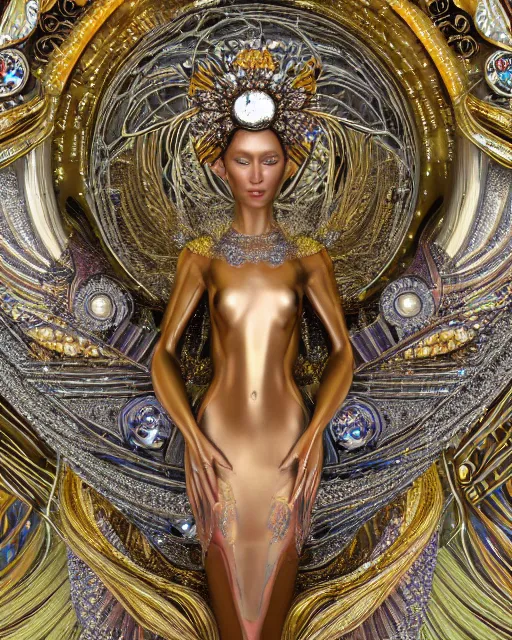 Image similar to a highly detailed metahuman 4 k close up render of an alien goddess bella hadid monument surasundari in iris van herpen dress schiaparelli in diamonds crystals swarovski and jewelry iridescent in style of alphonse mucha gustav klimt trending on artstation made in unreal engine 4