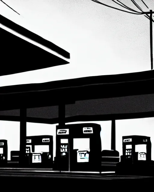 Prompt: low angle shot of a gas station, cyber punk, ink by Frank Miller, Jim Jarmusch cinematography, style by Kabuki, b&w hasselblatt