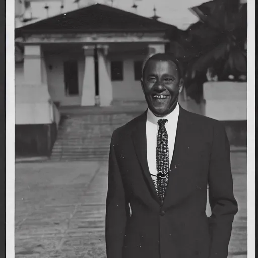 Image similar to vintage photo of a black man wearing a black suit in front of rio de janeiro