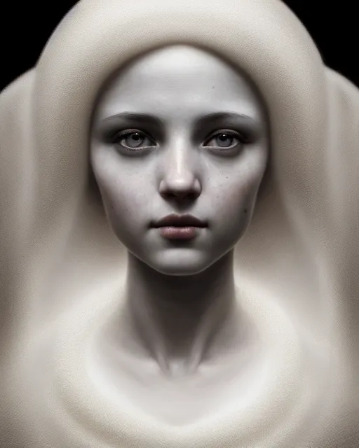 Prompt: dreamy, monochrome, subsurface scattering, white, young beautiful goddess in cosmos, octane render, dino valls, mark ryden, joe fenton, highly detailed, rim light, art, cinematic lighting, very coherent, hyper realism, 8 k