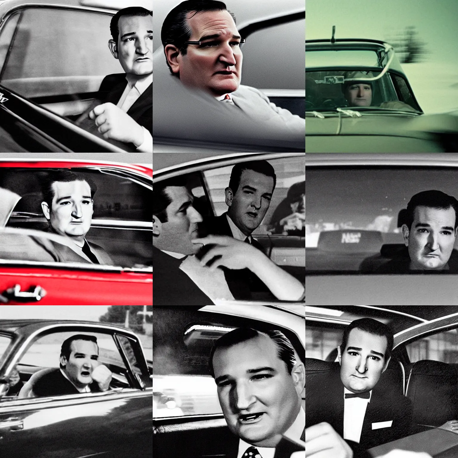Prompt: Film still depicting Ted Cruz as the Zodiac Killer in a 1960's car late at night with poor visibility, horror, eerie, fear