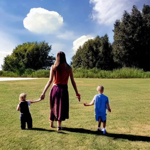 Prompt: minimalistic art of a family day out in the park, sunny day with clouds, award - winning masterpiece