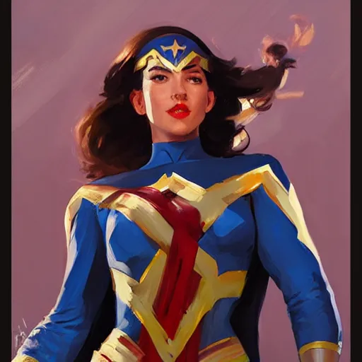 Image similar to greg manchess portrait painting of wonderwoman as overwatch character, medium shot, asymmetrical, profile picture, organic painting, sunny day, matte painting, bold shapes, hard edges, street art, trending on artstation, by huang guangjian and gil elvgren and sachin teng