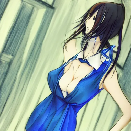 Image similar to a woman in a blue dress with a tie around her neck, an anime drawing by Jin Homura, featured on pixiv, lyco art, pixiv, anime, deviantart hd