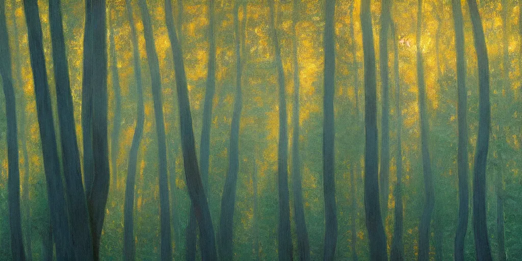 Prompt: An aesthetically pleasing, dynamic, energetic, lively, well-designed digital art of trees inside a forest during golden hour, light and shadow, caustics, by Claude Monet, superior quality, masterpiece, excellent use of negative space. 8K, superior detail.