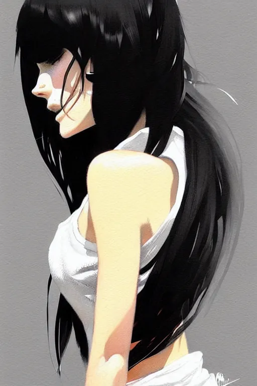 Prompt: a ultradetailed beautiful painting of a stylish woman with a white tank top, she has black hair with bangs, by conrad roset, greg rutkowski and makoto shinkai trending on artstation