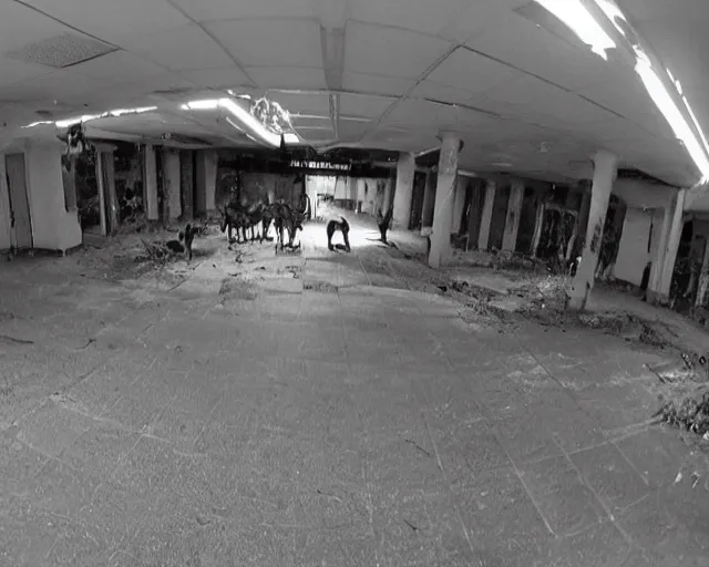 Prompt: camera footage of a Several Feral Black Wolves with severe late stage rabies in an abandoned shopping mall, Wolves Running toward camera :7 , high exposure, dark, monochrome, camera, grainy, CCTV, security camera footage, timestamp, zoomed in, Creepy, Feral, fish-eye lens, Rabid, Dire Wolf, Nightmare Fuel, Wolf, Evil, Stalking, Bite, Motion Blur, horrifying, lunging at camera :4 Blood on floors, windows and walls :5