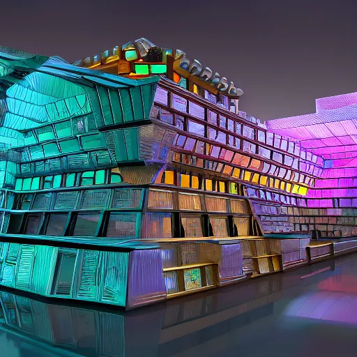 Prompt: bismuth inspired building, 8k ultra realistic, full of color, concept art, hyperrealistic