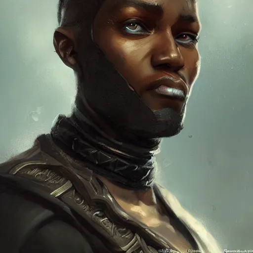 Image similar to a black male rogue, detailed face, symmetric face, hyperrealism, epic fantasy digital art, fantasy style art, by Greg Rutkowski, fantasy magic the gathering card art style