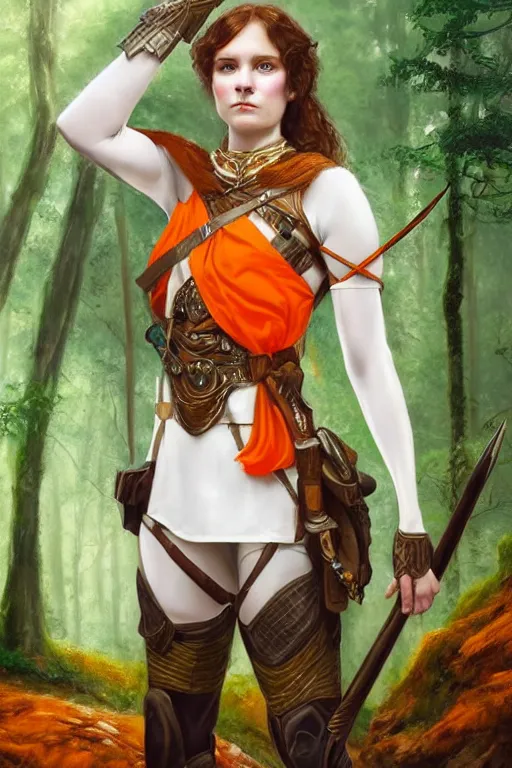 Image similar to full - body portrait of a ranger in a forest, female, white and orange breastplate, magical, high fantasy, d & d, by john collier, face details, extremely detailed, digital illustration