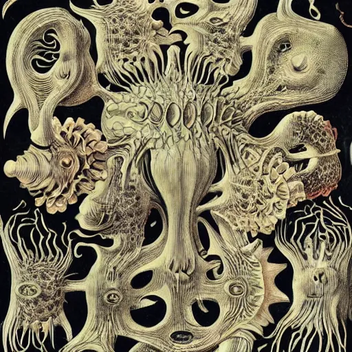 Image similar to bizarre bestiary of repressed unconscious emotional monsters and creatures, illustrated by Ernst Haeckel and Robert Fludd