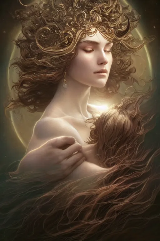 Image similar to wind blowing hair meditation celestial being, dreaming and floating, bust portrait, dnd, fantasy, intricate, elegant, highly detailed, digital painting, artstation, concept art, smooth, sharp focus, illustration, art by artgerm and tom bagshaw and greg rutkowski and alphonse mucha