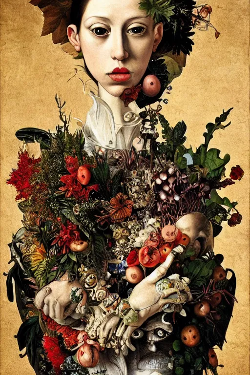 Prompt: Detailed maximalist portrait with large lips and with large, wide eyes, expressive, extra bones and flesh, HD mixed media, 3D collage, highly detailed and intricate, surreal, botany, illustration in the style of Caravaggio, dark art, baroque