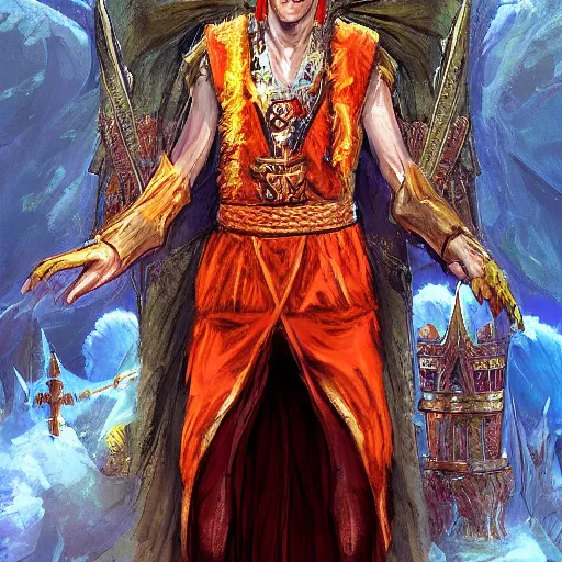 Image similar to Vitalik Buterin dressed as a god, king, in the style of Marc Simonetti