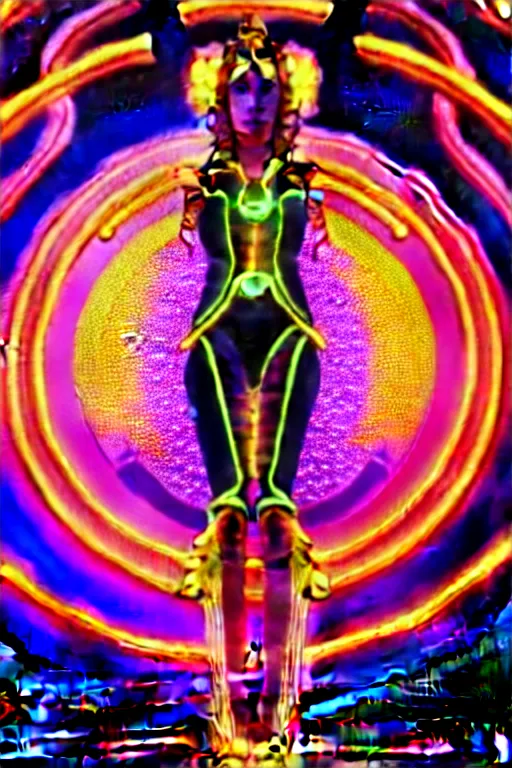 Image similar to symmetrical feminine solarpunk cyborg goddess rendered in Cinema 4D, elegant and ornate futuristic silk robes, held aloft by thousands of glowing neon wires, glowing white neon eyes, platinum and golden flowing long hair, art by Artgerm and Alphonse Mucha, hyperrealism, full body photogenic shot, digital render, cinematic lighting ornate earrings, 8k resolution, masterpiece work