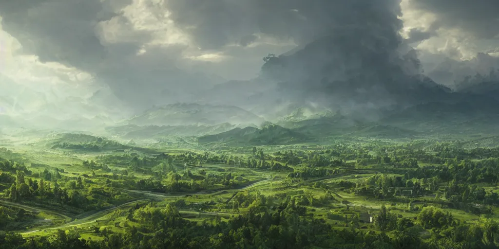 Prompt: a landscape painting of a beautiful lush green high sided valley with a big industrial city in the distance in summertime, pipelines, cables, smoke from chimneys, a trickling stream of poisonous water at the bottom of the valley, pollution, toxic slime, toxic air, corona render, matte painting, god rays, volume light, 4 k