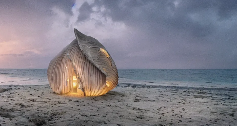 Prompt: nacre seashell house, atmospheric cinematography