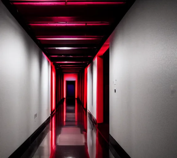 Prompt: spooky photo of a dark infinite hallway with open lit doorways all the way down, dramatic lighting, smoke, ceiling fluorescent lighting, black and red colour palette