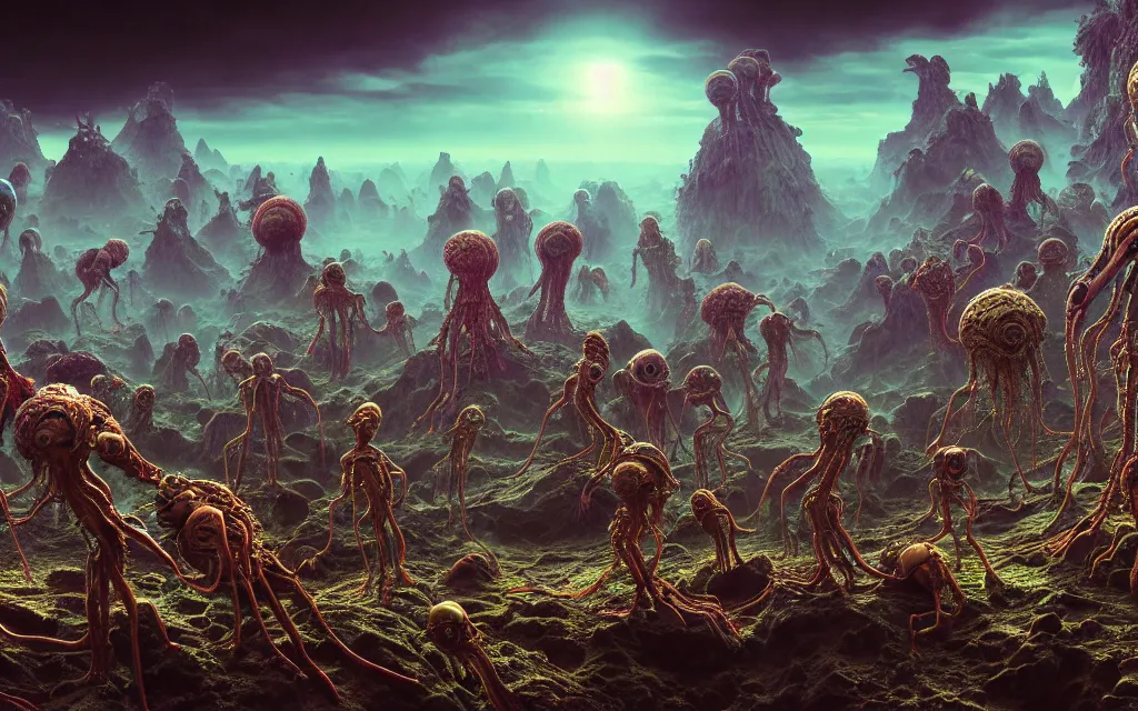 Prompt: a group of bizarre aliens on an alien planet, beautiful atmosphere, colorful, beautiful detailed intricate insanely detailed octane render trending on artstation, 8 k artistic photography, photorealistic, volumetric cinematic light, chiaroscuro, salvador dali, hieronymus bosch, alex grey, beksinski, giger,